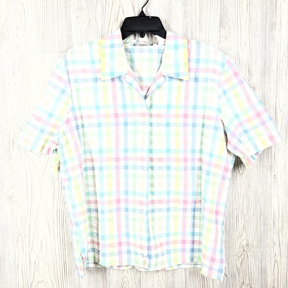 WOMENS TAN‎ JAY PETITE Size 14 PASTEL BLOUSE DESIGN BUTTON UP SHORT SLEEVE